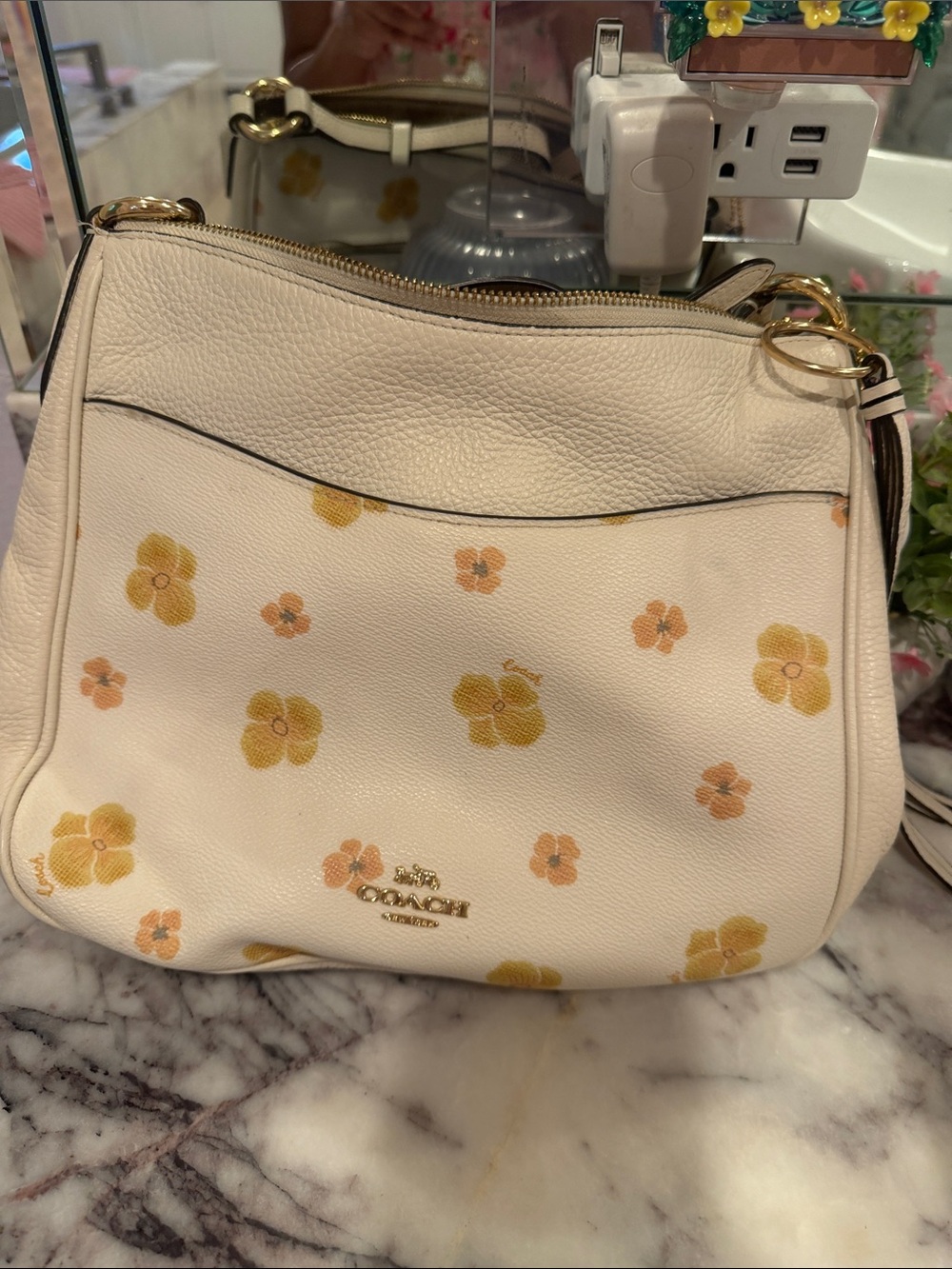 Coach Cream Leather Shoulder Bag with Yellow & Peach Floral Print
